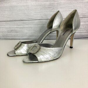 J. Renee Heels Y2K Metallic Peep Toe Heels 9.5 Silver HOCO Cocktail Formal 3.5"